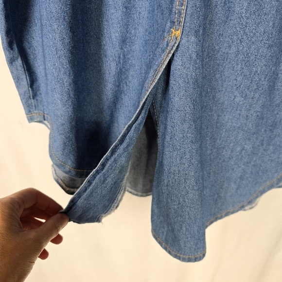 Vintage 80s Denim Floral Embroidered Beaded Button Up Shirt Tunic Mini Dress - Picture 3 of 8